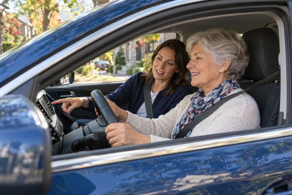 Illustration d’une leçon de conduite pour une élève de plus de 55 ans.